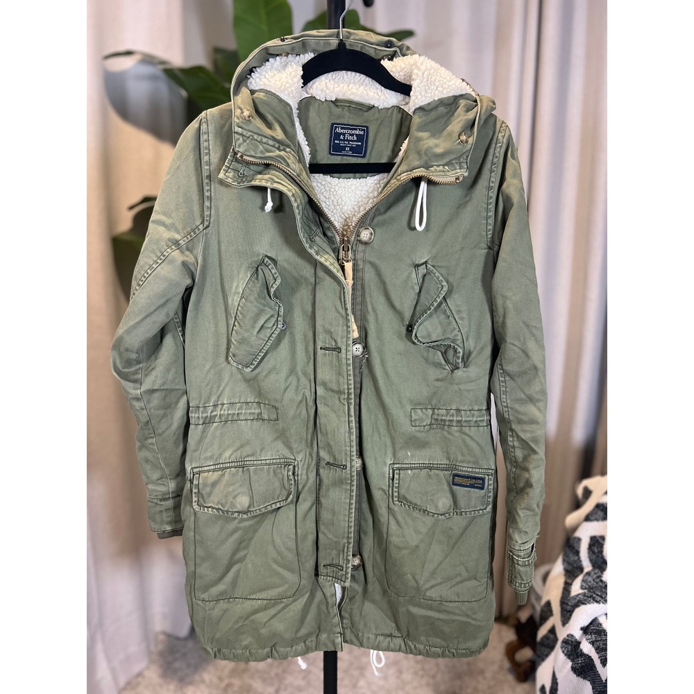 Abercrombie & Fitch Olive Green Sherpa Lined Military Parka Jacket XS Womens